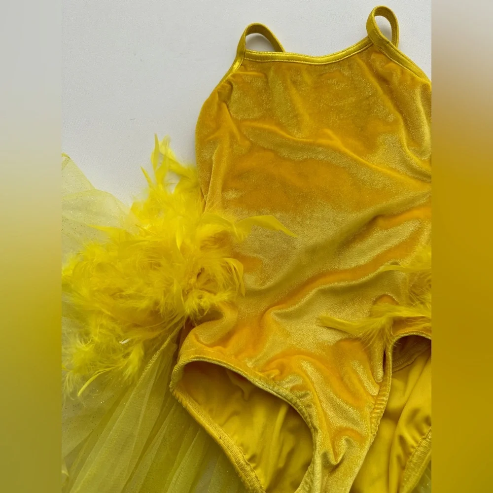 Jazzamatazz -Dance/Figure Skating Costume - Yellow Velvet-Tulle & Feather Skirt - Picture 2 of 9